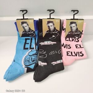 New Elvis Presley Socks Set Of 3- Blue Black Pink Mens 7-12 Womens 6-9.5